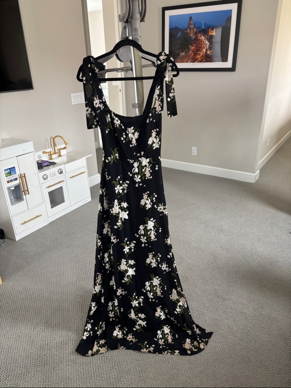 Reformation Black Floral Tie-Shoulder Maxi Dress